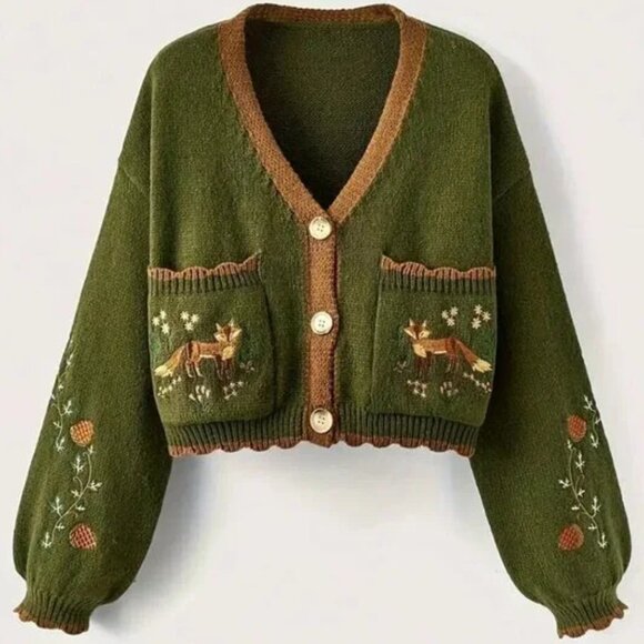 Button Up Fox Nature Army Green Cardigan With Pockets - Picture 1 of 6